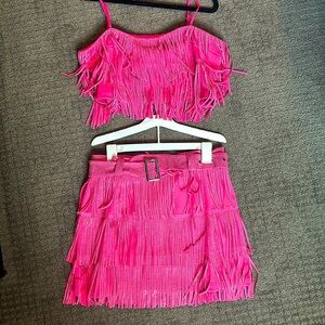 Fuschia Rhinestone Fringe top & skirt, Size Large